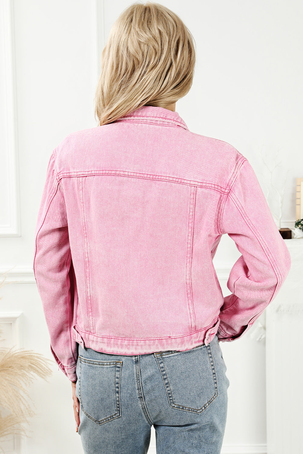 Rožnata jakna iz jeansa z žepom na zavihek Acid Wash