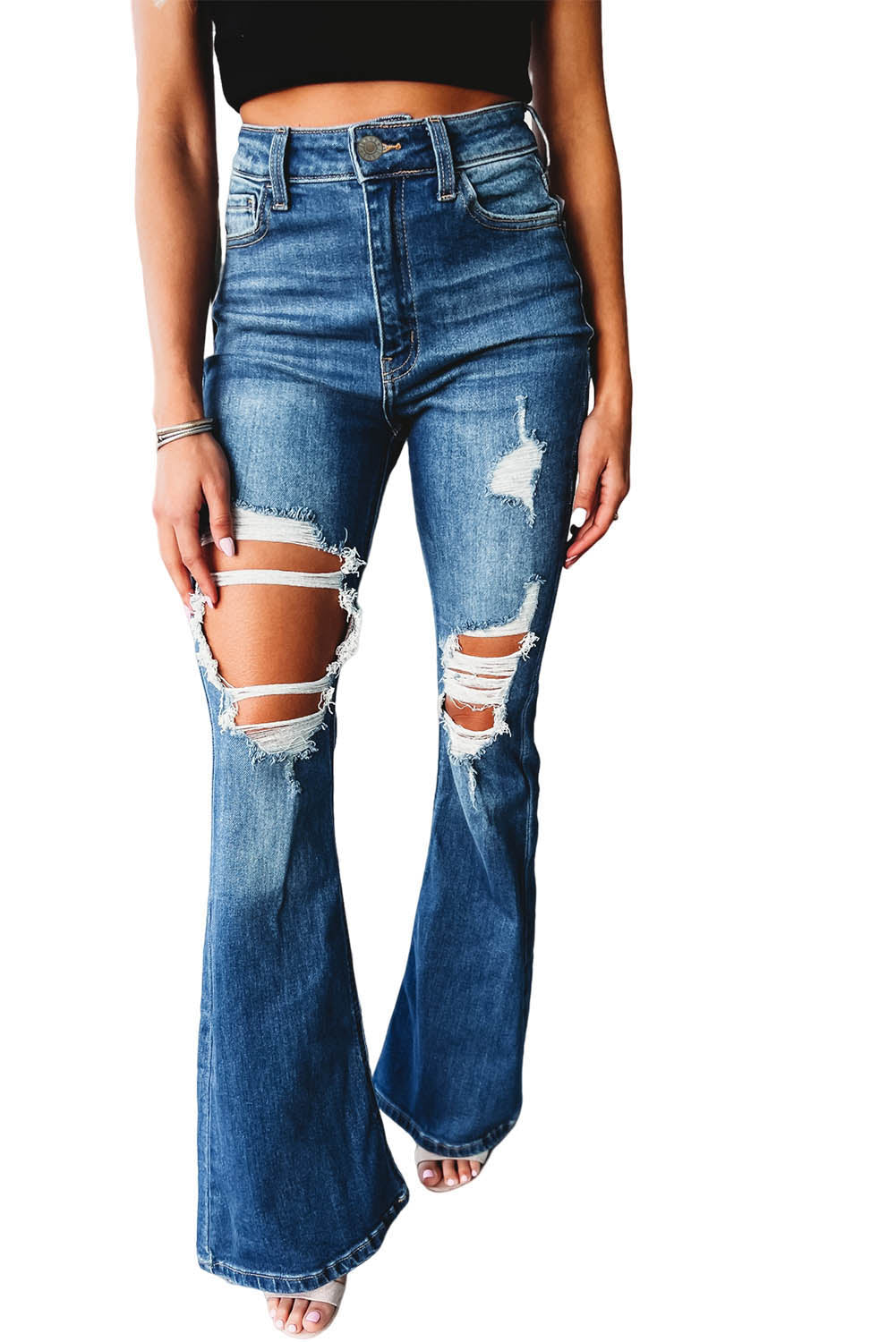 Blaue High-Waist-Jeans mit ausgestelltem Bein und Cutout im Used-Look