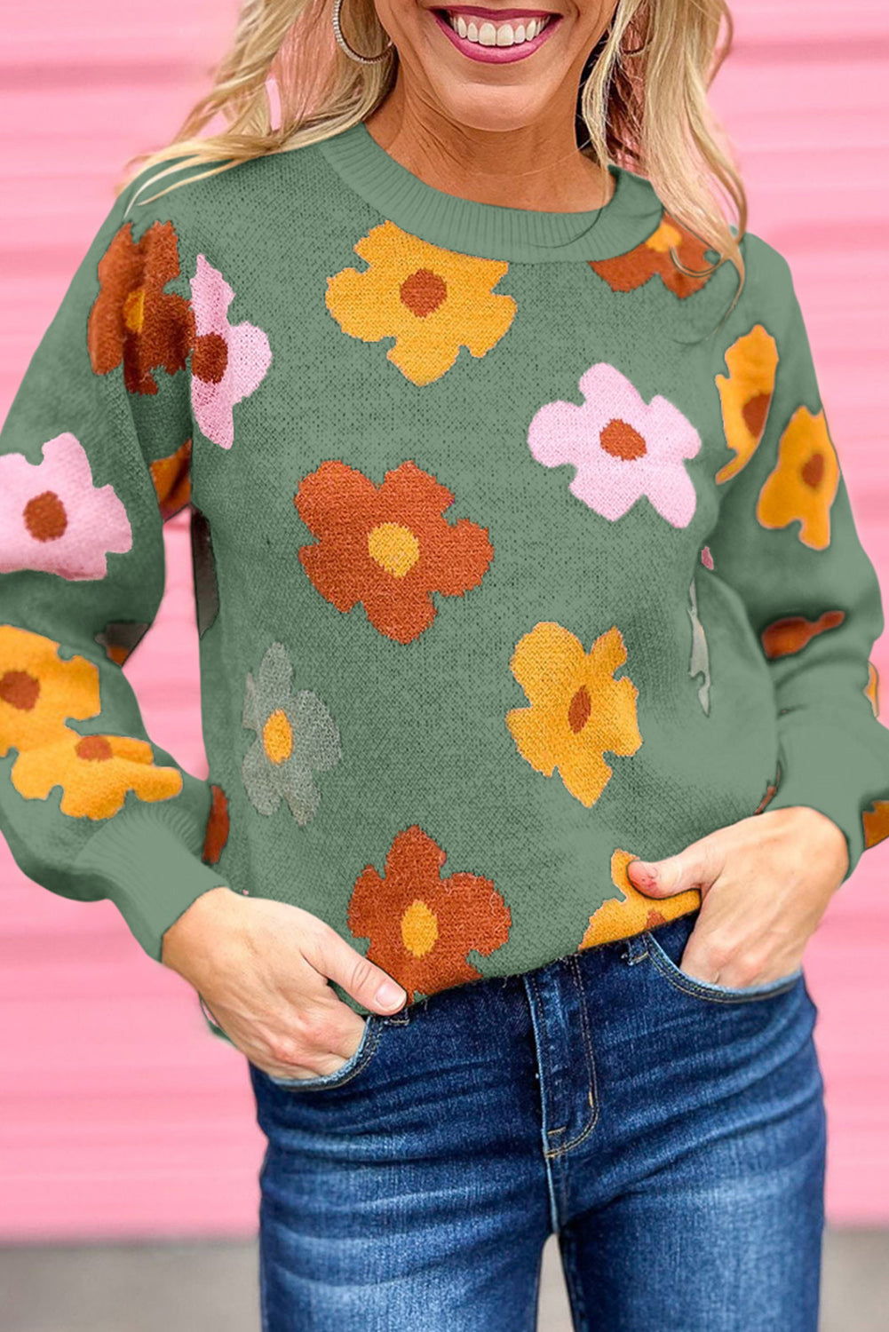 Pleten pulover z rebrastim robom Green Sweet Flower
