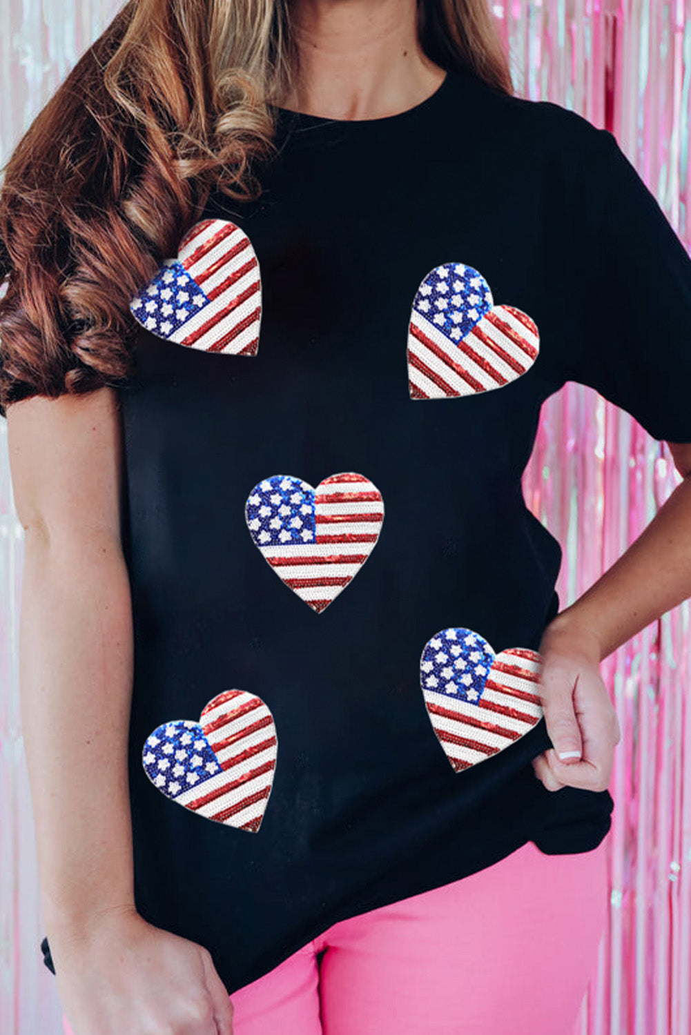 T-shirt noir à paillettes avec motif cœur et drapeau américain