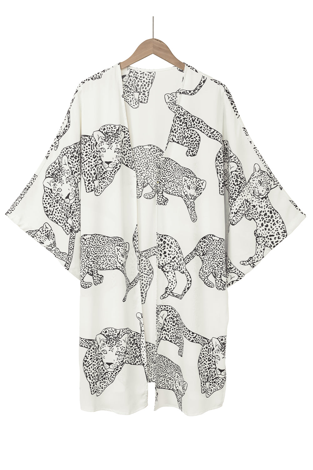 Kimono blanc à imprimé guépard, coupe ample, ouvert sur le devant