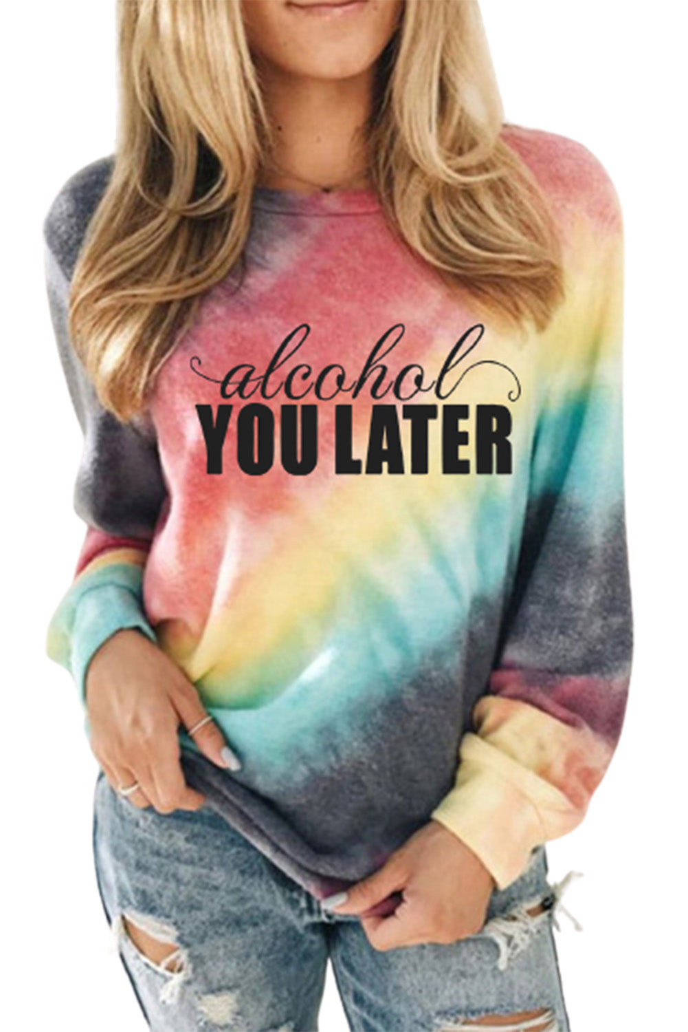 Tie Dyed Letter Print Long Sleeve Pullover Sweatshirt