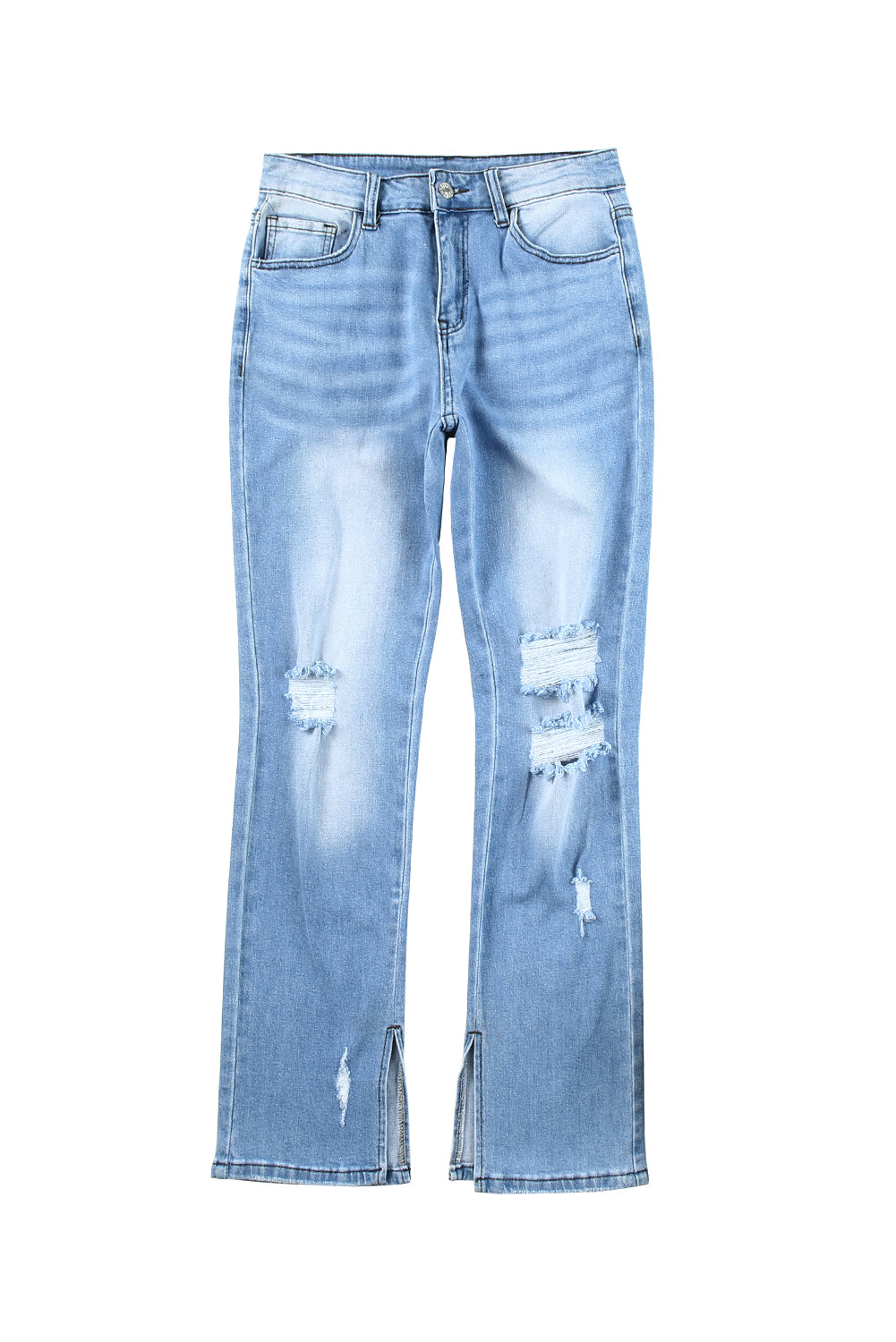 Himmelblaue, seitliche Schlitze, zerrissene Jeans mit geradem Bein und hoher Taille
