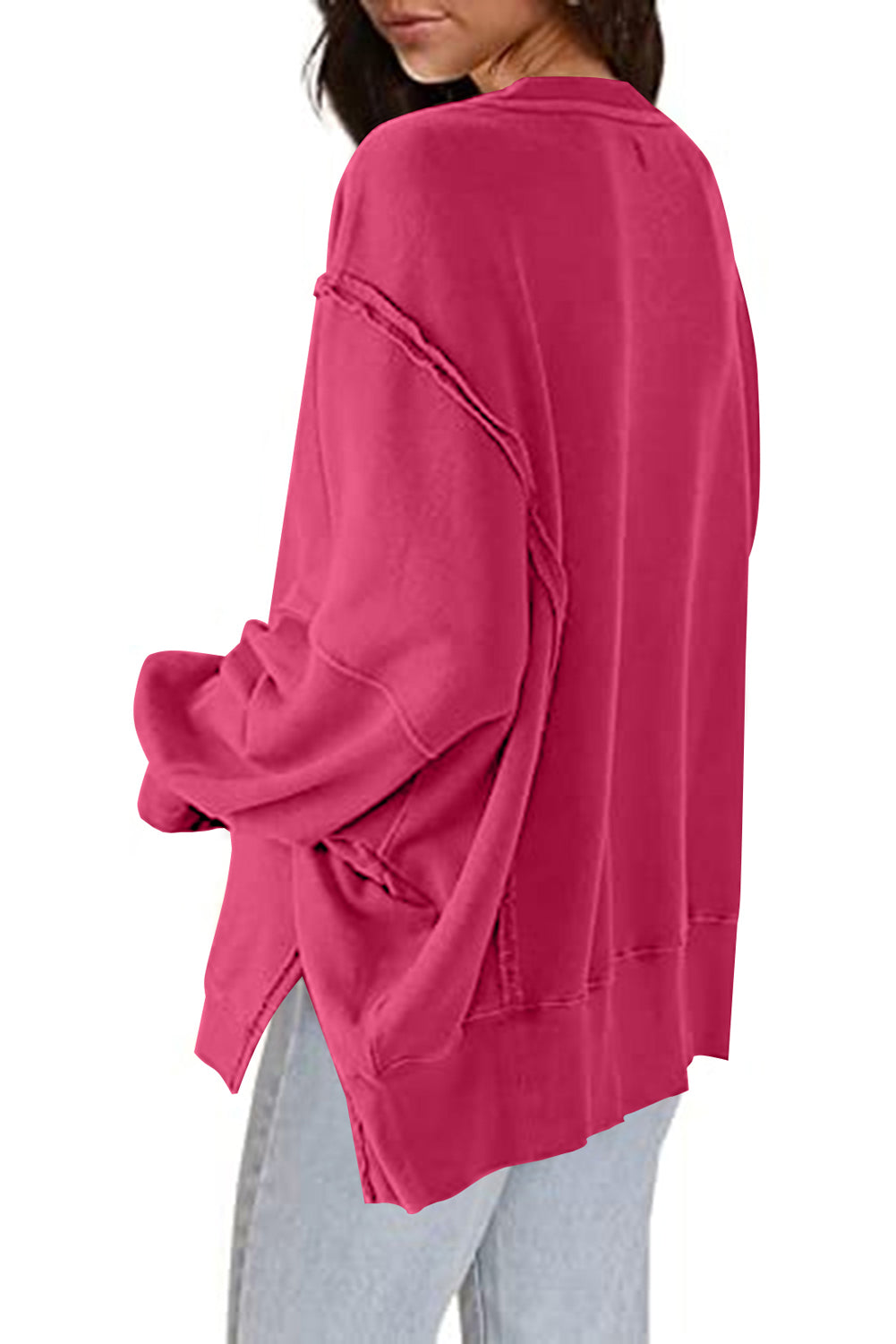Sweatshirt in Rose mit freiliegender Naht, überschnittener Schulter, Schlitz und hohem, niedrigem Saum