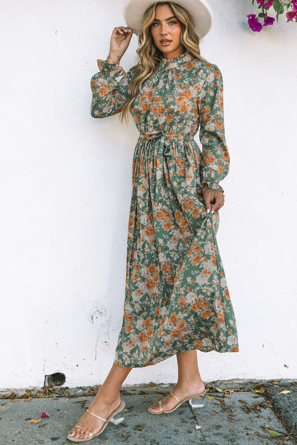 Green Pleated Long Sleeve Maxi Floral Dress with Tie