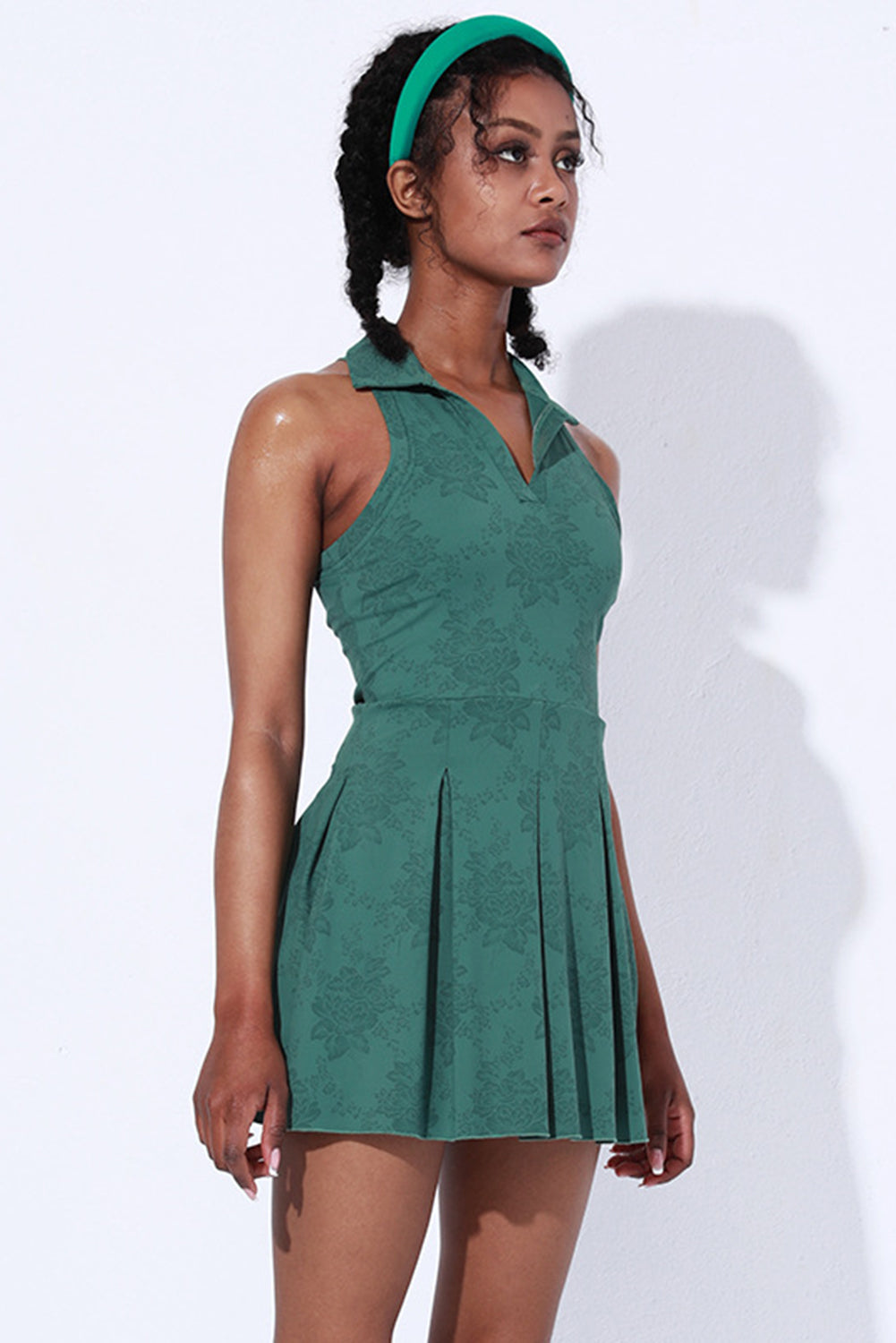 Blackish Green Sleeveless V Neck Shirt Collar Sports Mini Dress