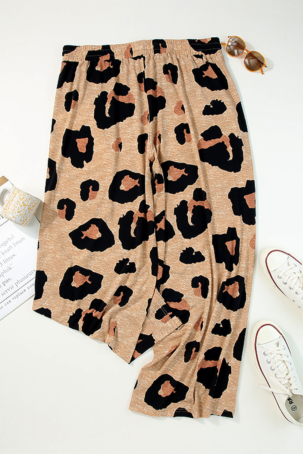 Pantalon de survêtement beige clair à imprimé léopard avec cordon de serrage, jambe large, grande taille