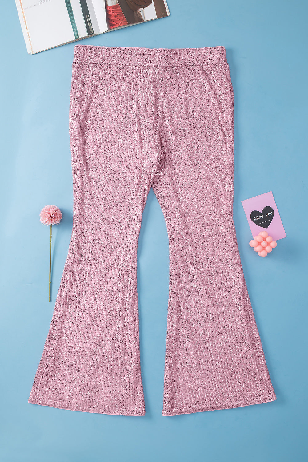 Rožnate svetleče široke hlače z bleščicami velike velikosti
