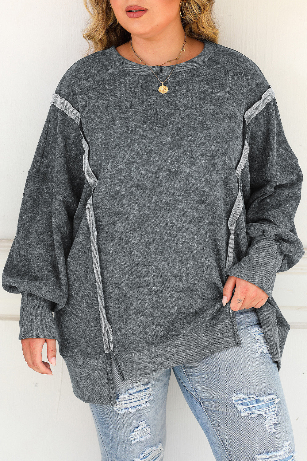 Graues, ausgewaschenes, geteiltes Sweatshirt mit Nähten in Übergröße