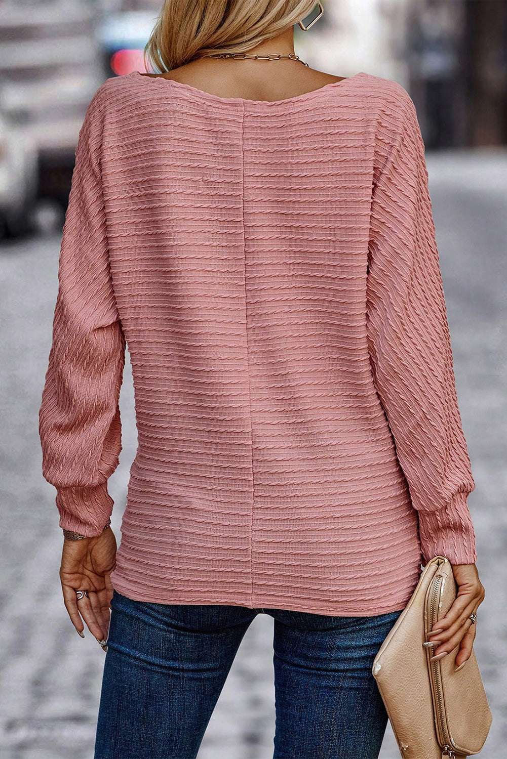 Dusty Pink teksturirana pletena majica z dolgimi rokavi