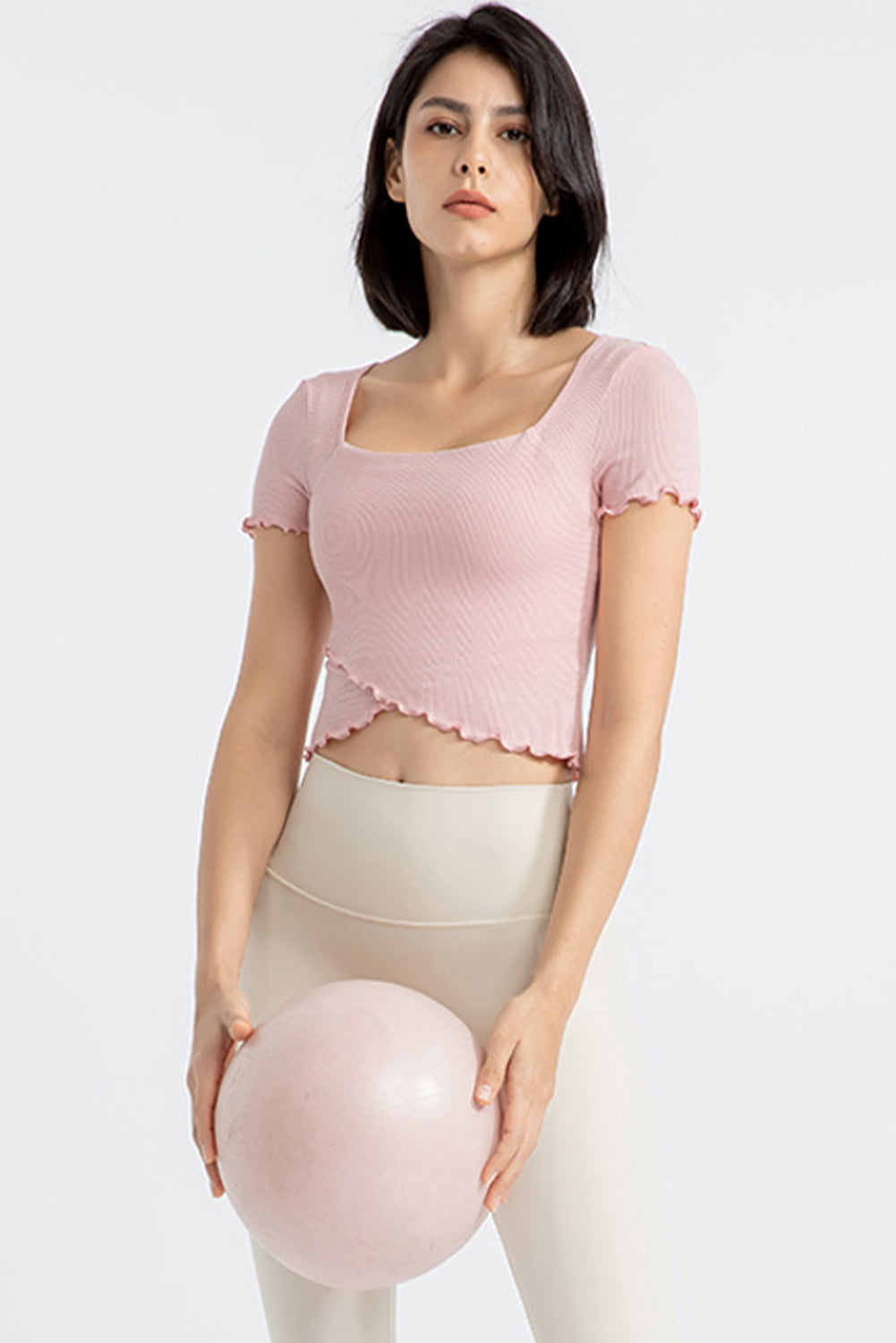 Light Pink Frilly Trim Crossed Hem Cropped Yoga Top