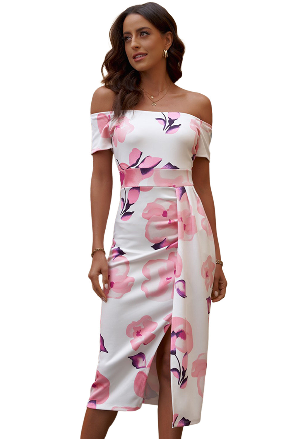 Rožnata midi obleka z razporkom na ramenih in cvetličnim potiskom
