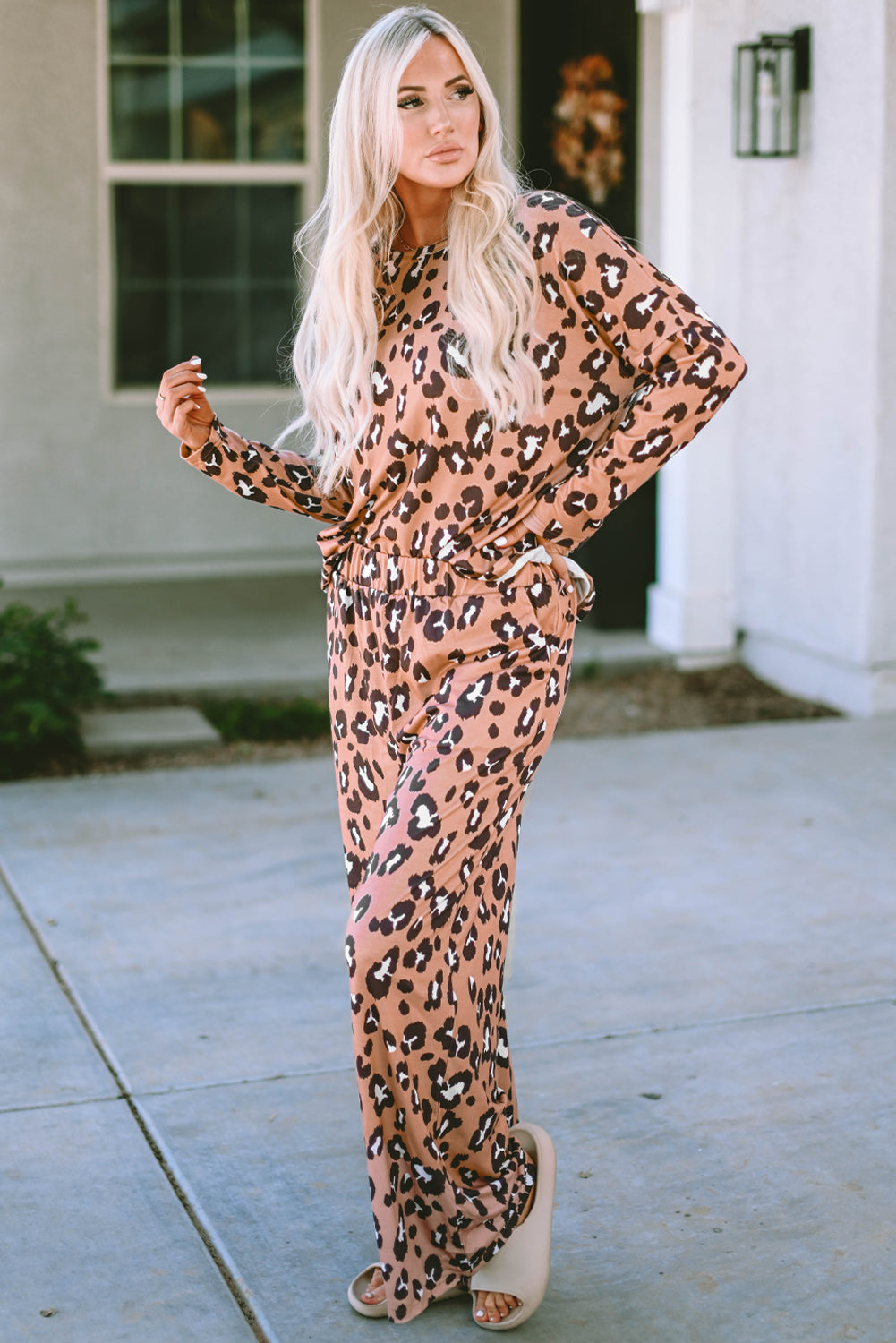 Brown Leopard Print Long Sleeve Pullover and Pants Outfit