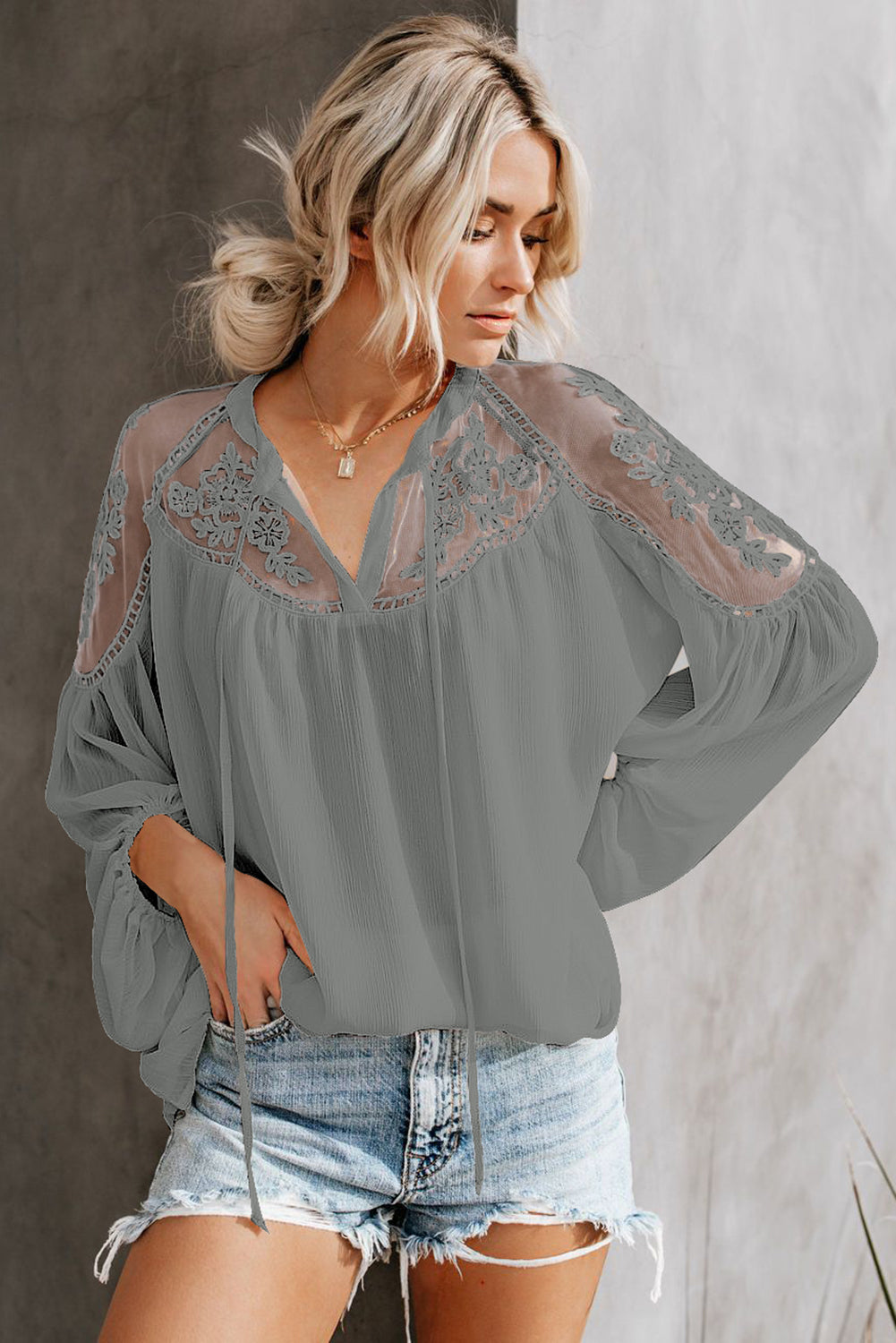 Gray Formal Invitation Lace Blouse