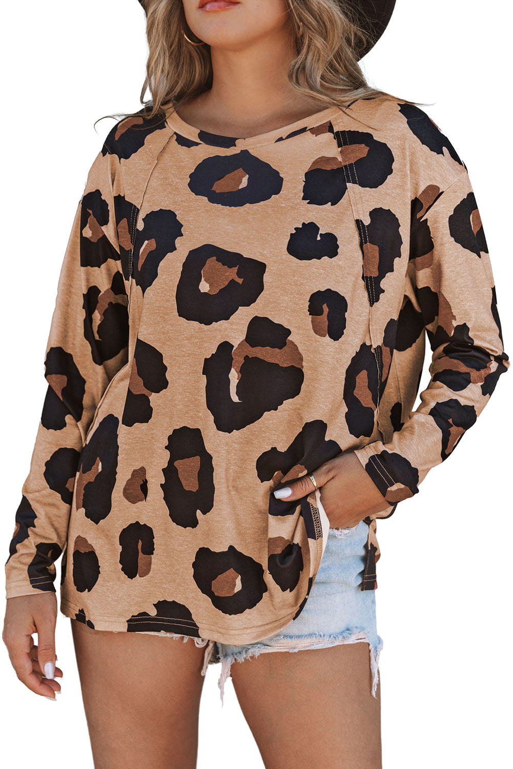 Siva ohlapna majica z dolgimi rokavi z leopardjim vzorcem