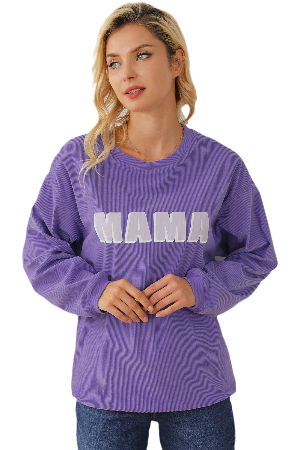 Lilafarbenes MAMA-Pullover-Sweatshirt mit geripptem Rundhalsausschnitt