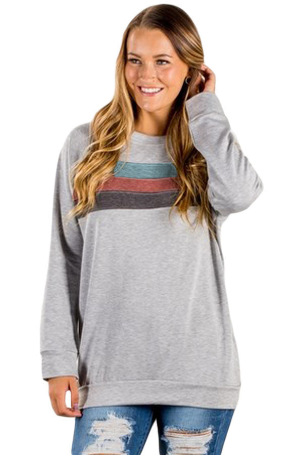 Hellgraues Pullover-Sweatshirt mit Kontraststreifen