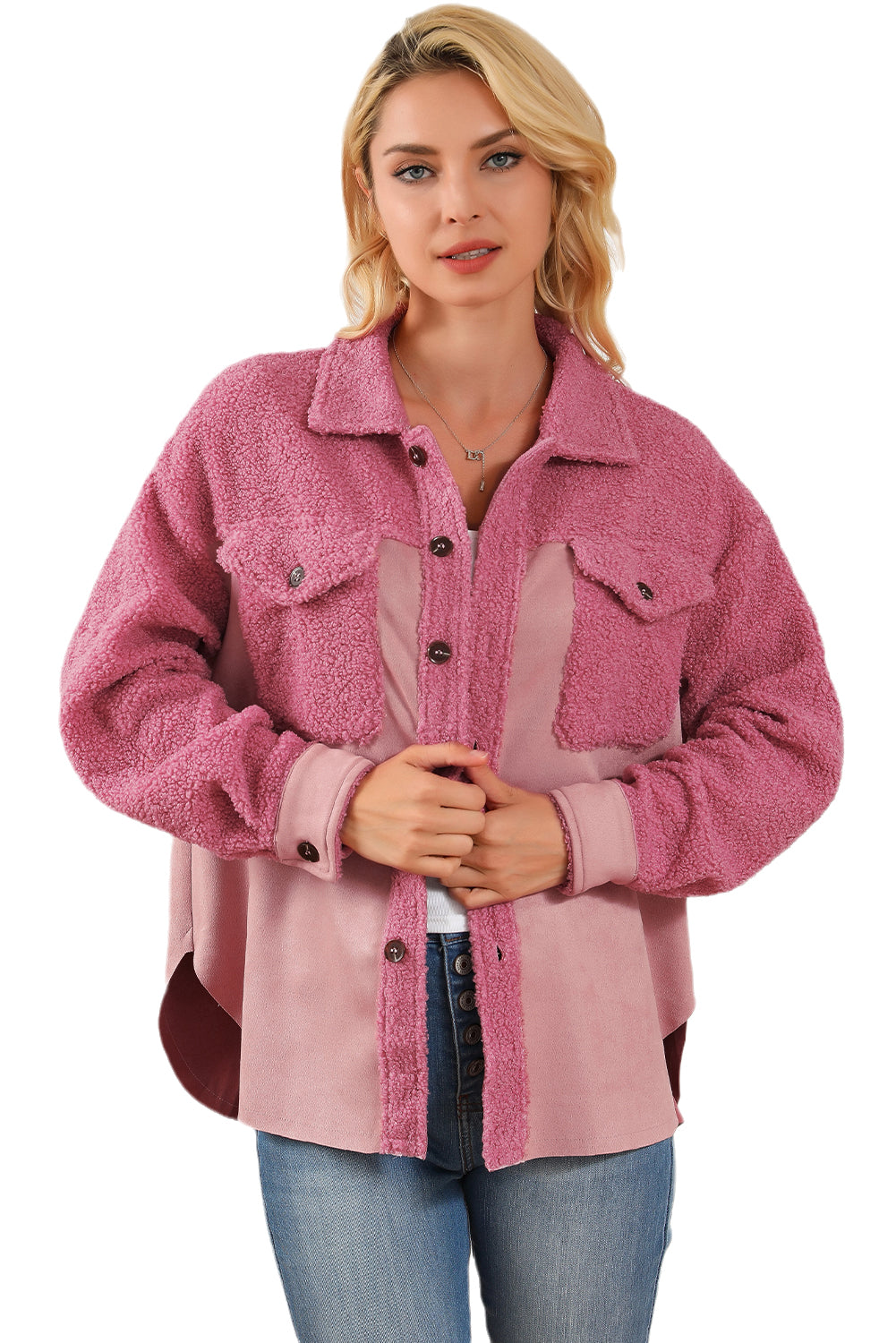 Shacket in sherpa con tasca con patta e bottoni color block rosa
