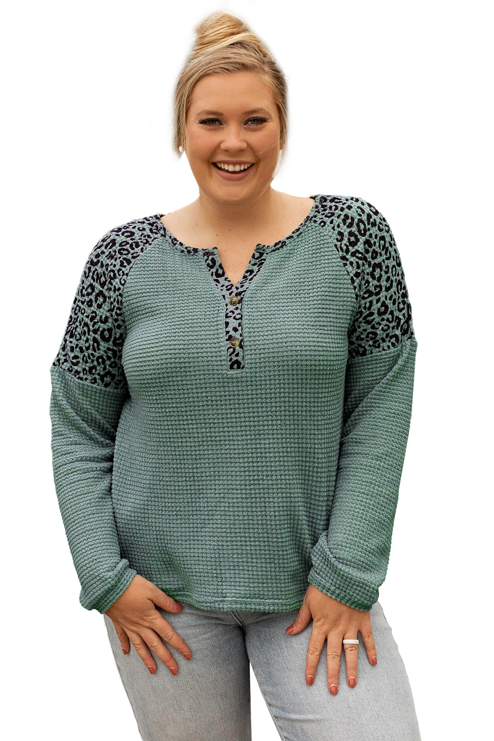 Majica s puderima od pletiva s teksturom u obliku magle zelenog leoparda i velike veličine