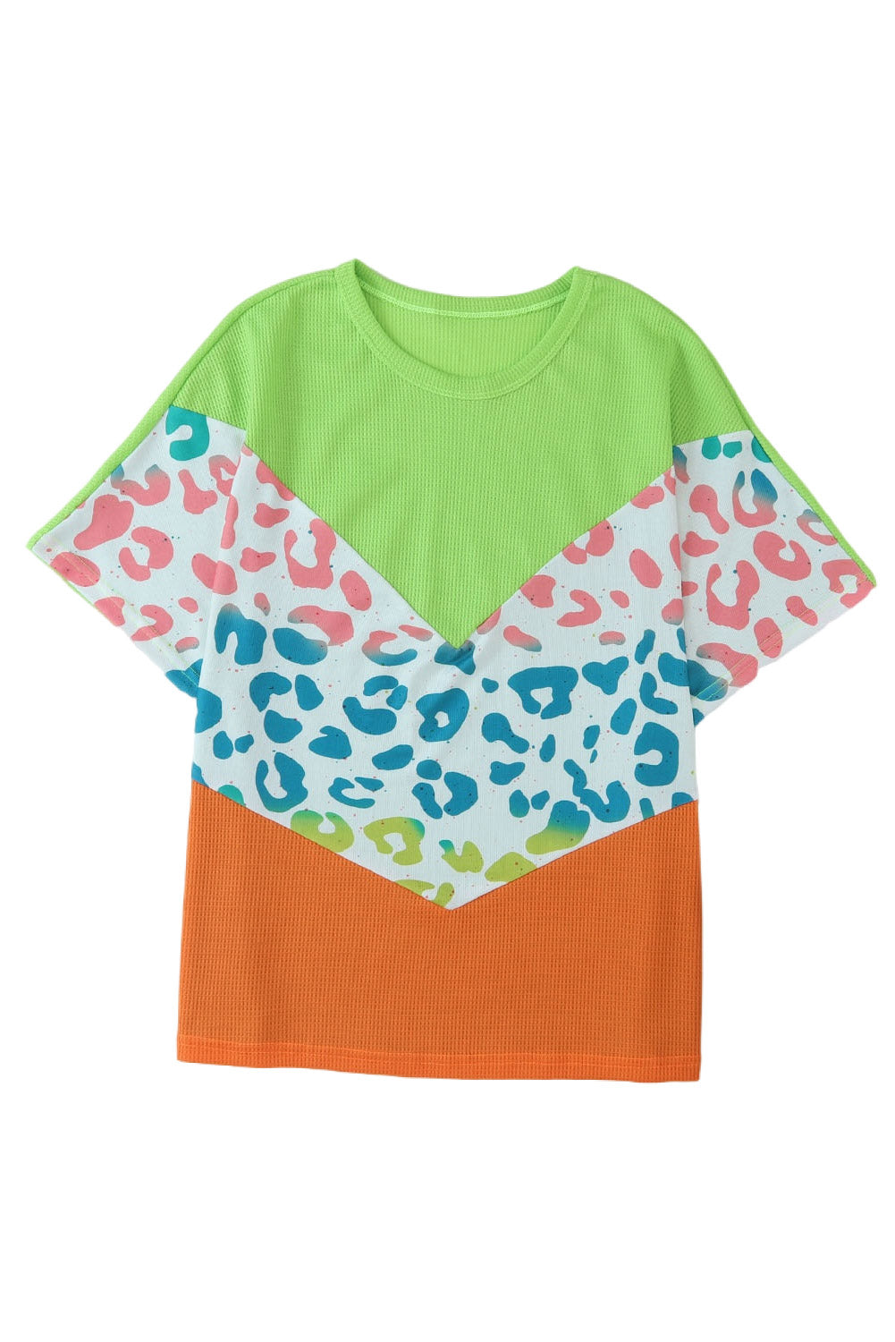 Green Color Block Leopard Waffle Knit Patchwork T-Shirt