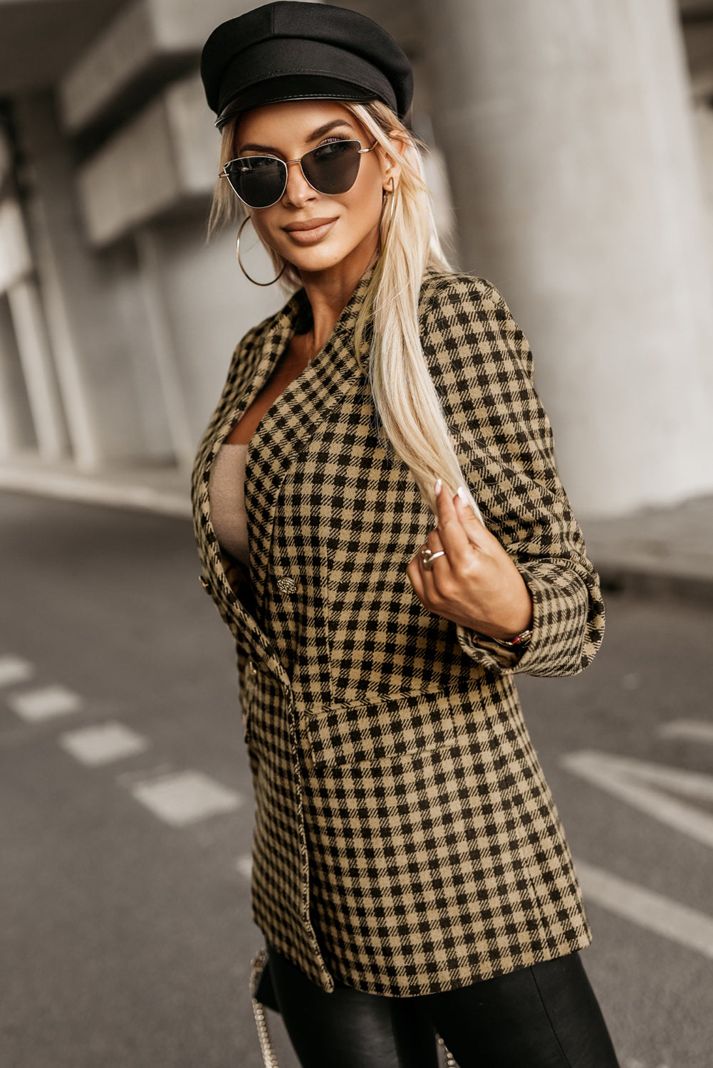 Brown Tweed Houndstooth Plaid Pattern Double Breasted Blazer