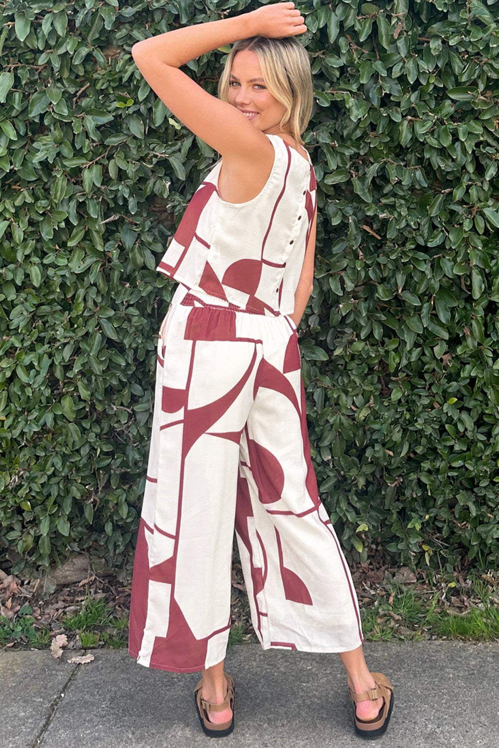 White Abstract Printed Button Back Vest and Wide Leg Pants Set