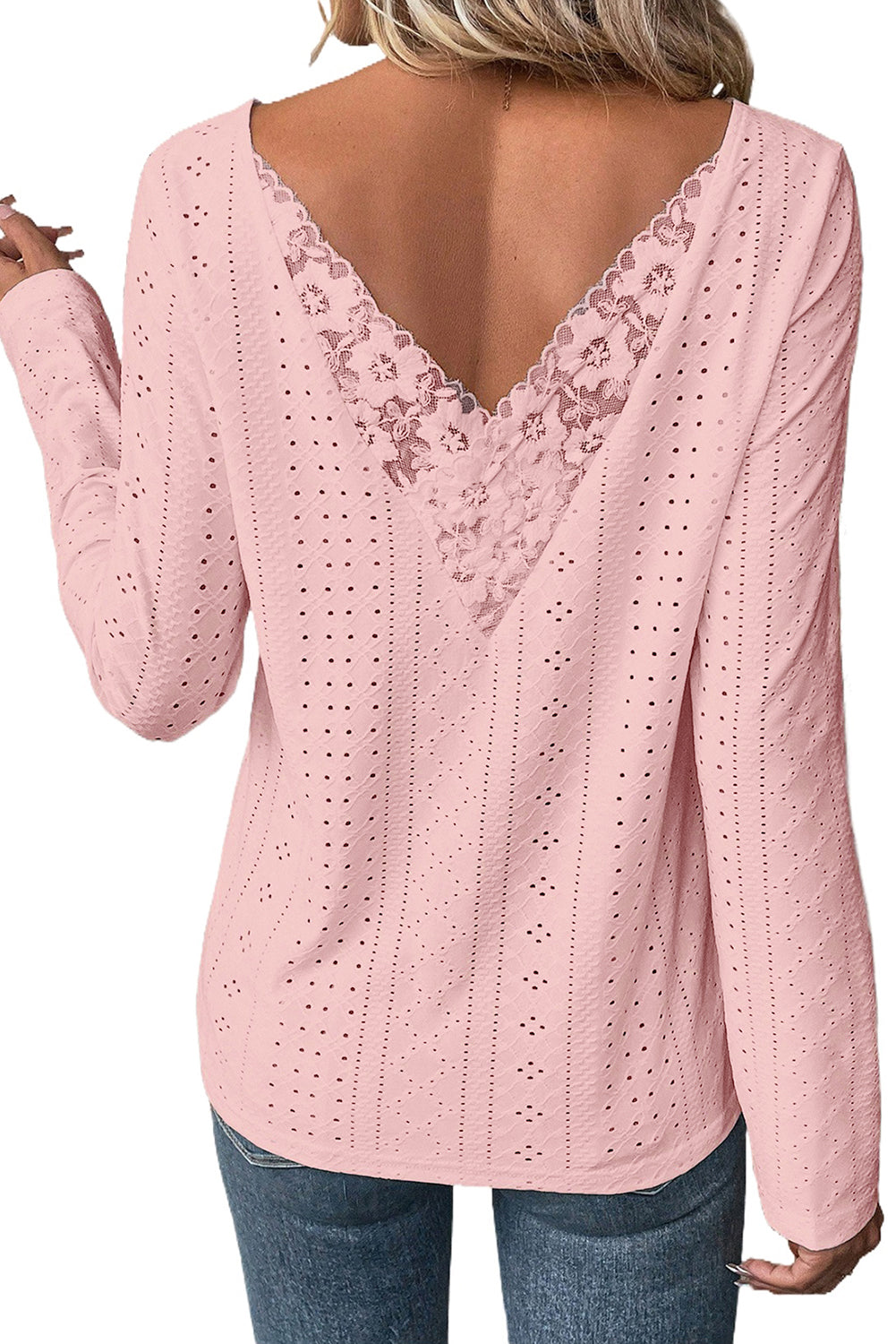 Light Pink Floral Lace Splicing Eyelet Long Sleeve Top