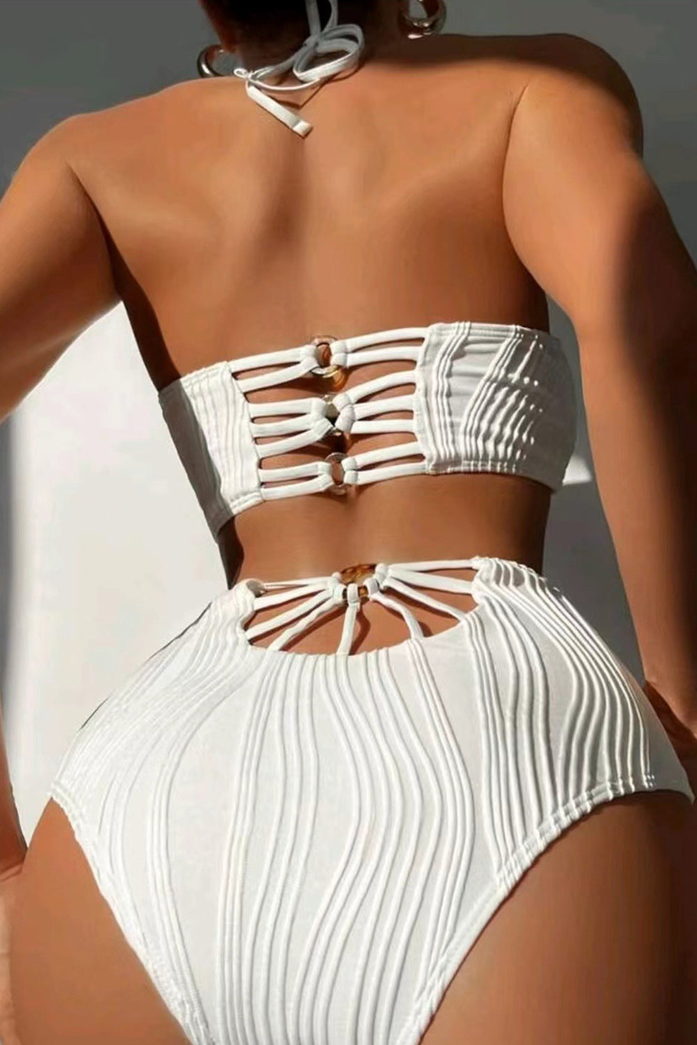 Beige Textured O Ring Connected Halter Backless Bikinis
