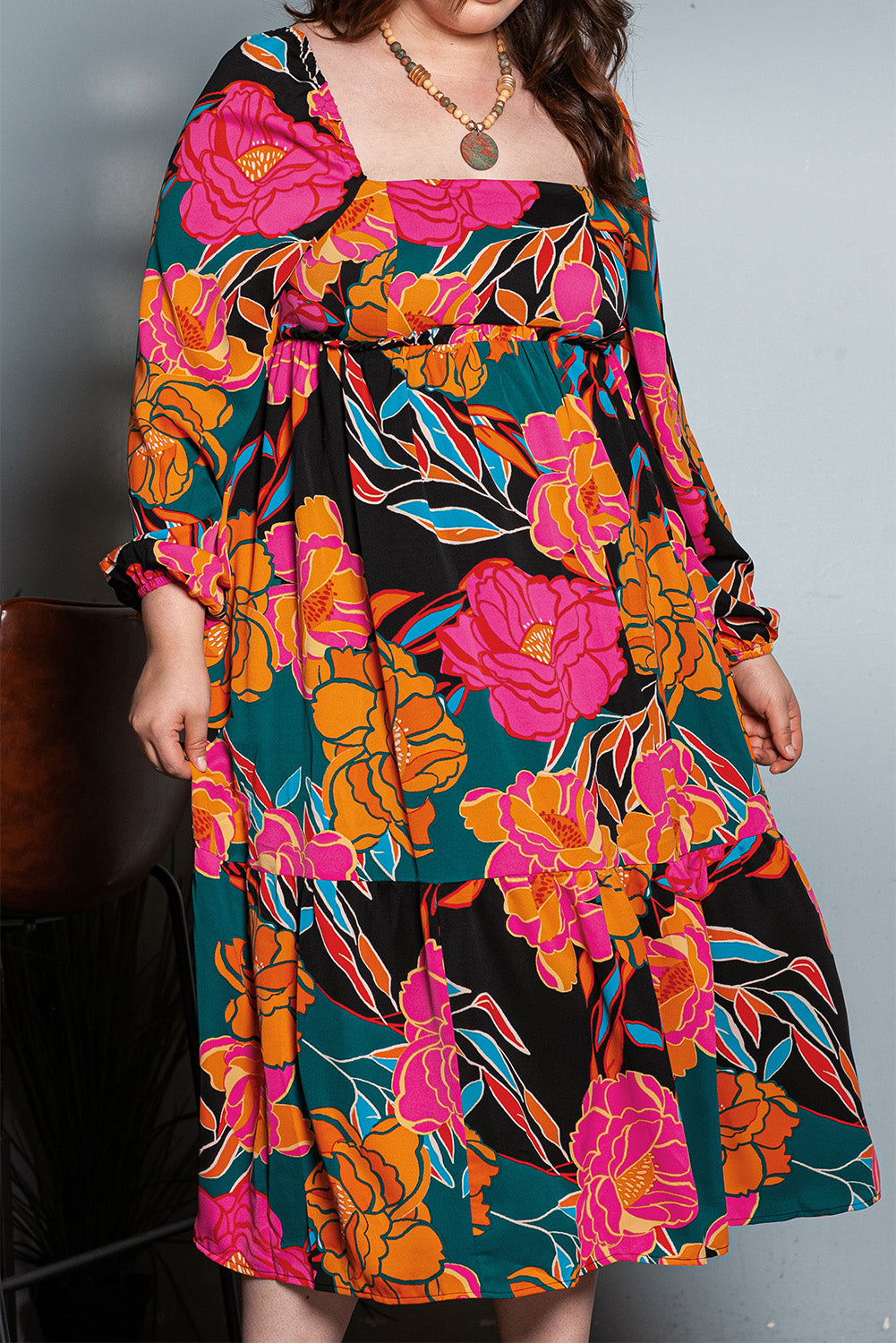 Multicolour Floral Print Square Neck High Waist Plus Size Dress