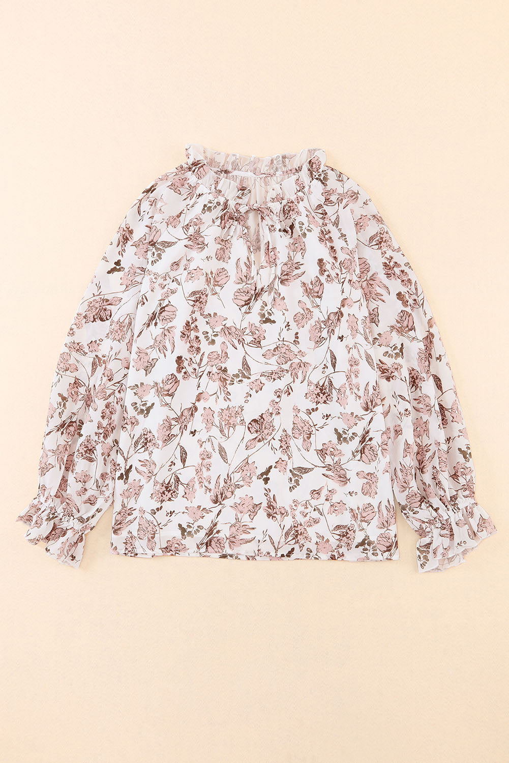 Bluse mit geteiltem V-Ausschnitt und Blasenärmeln im Boho-Blumendruck