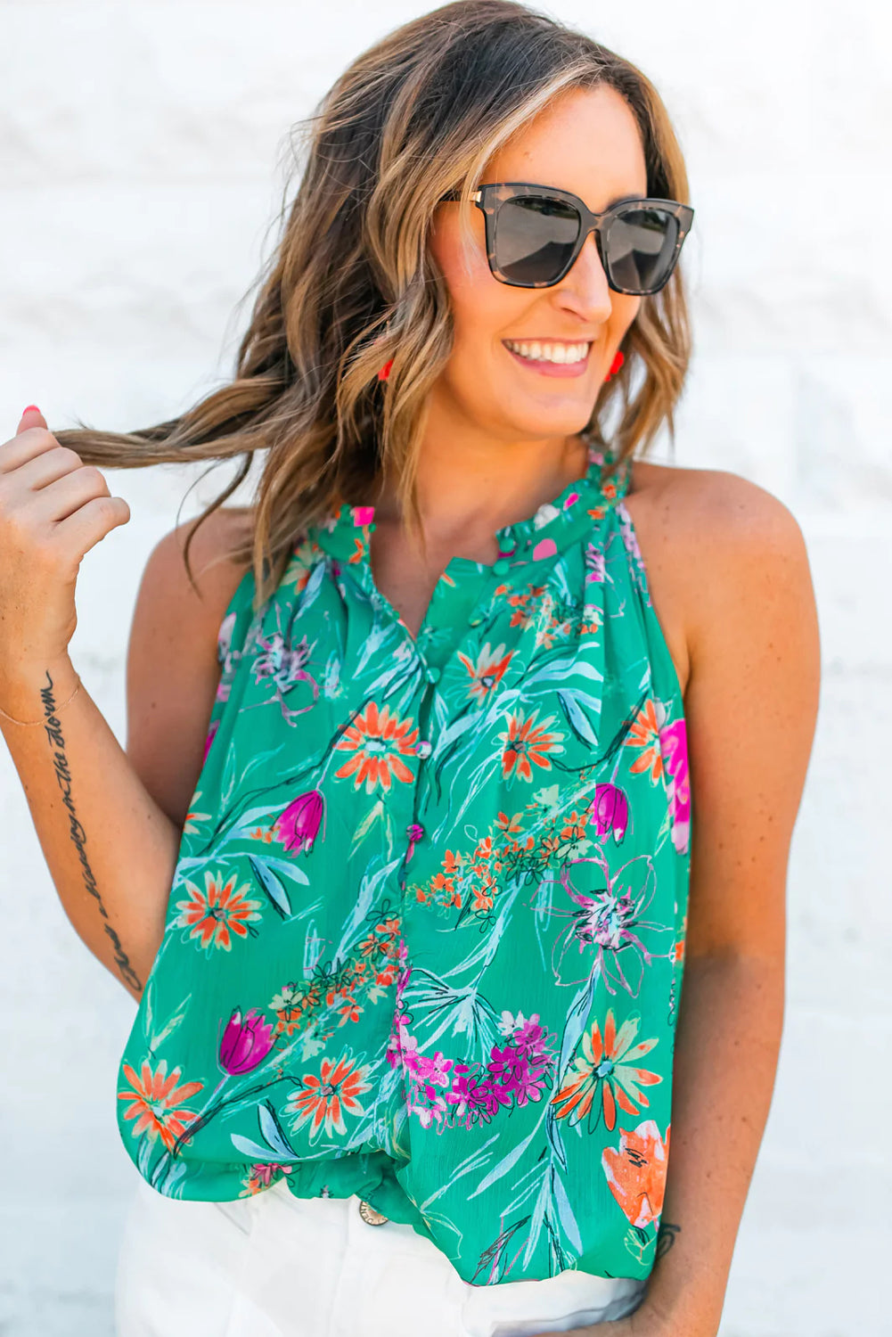 Bright Green Floral Print Buttoned Neckline Tank Top