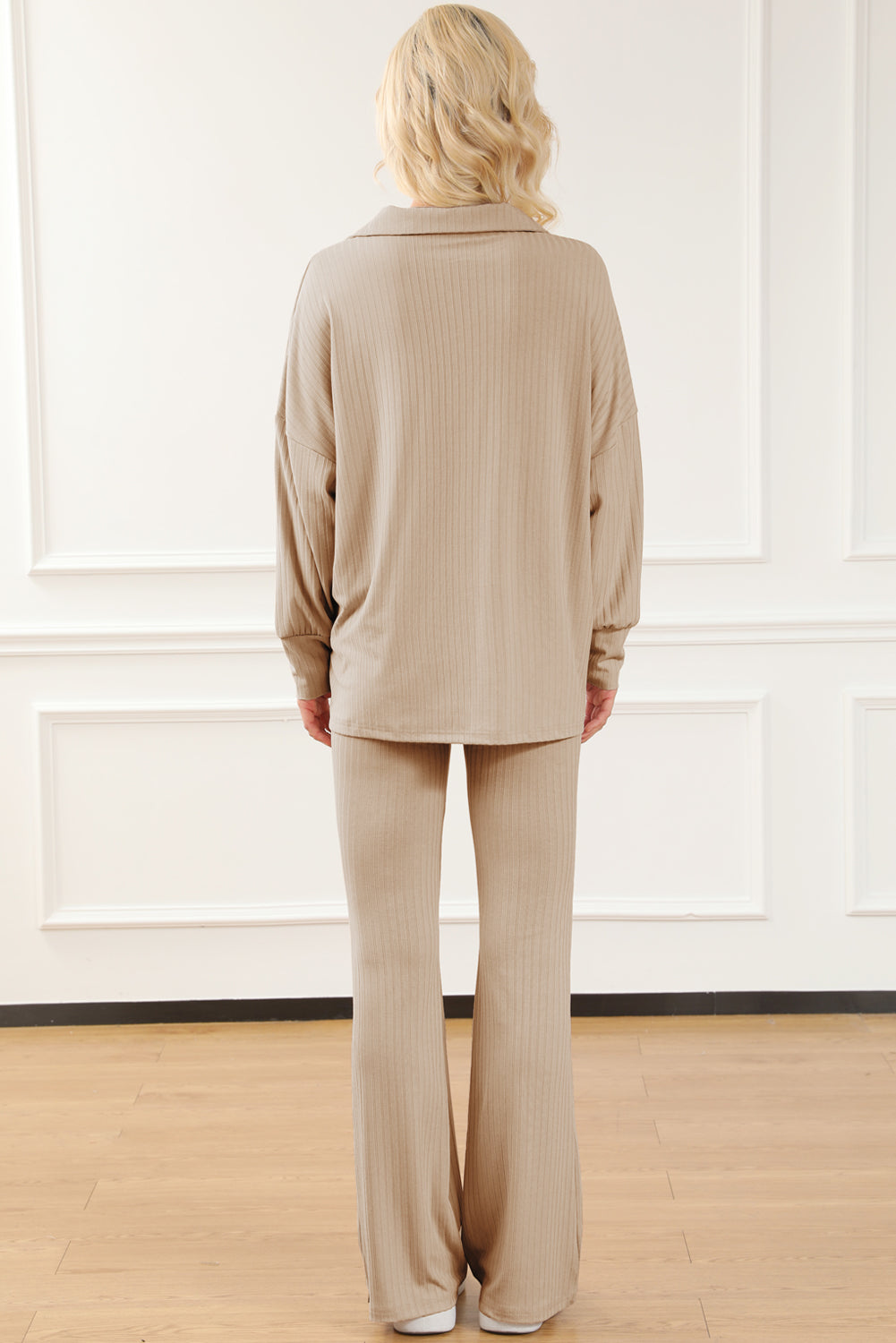 Khaki Wide Ribbed Textured Turn-down Pullover Pants Outfit