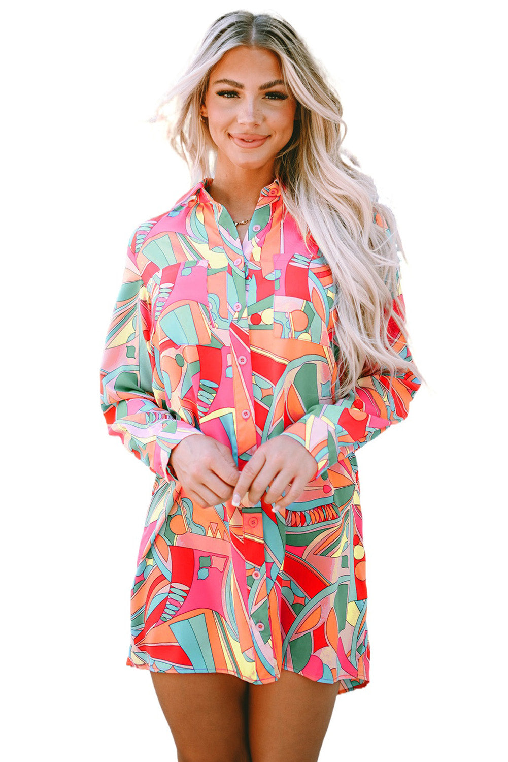 Robe chemise multicolore à manches longues et imprimé abstrait géométrique