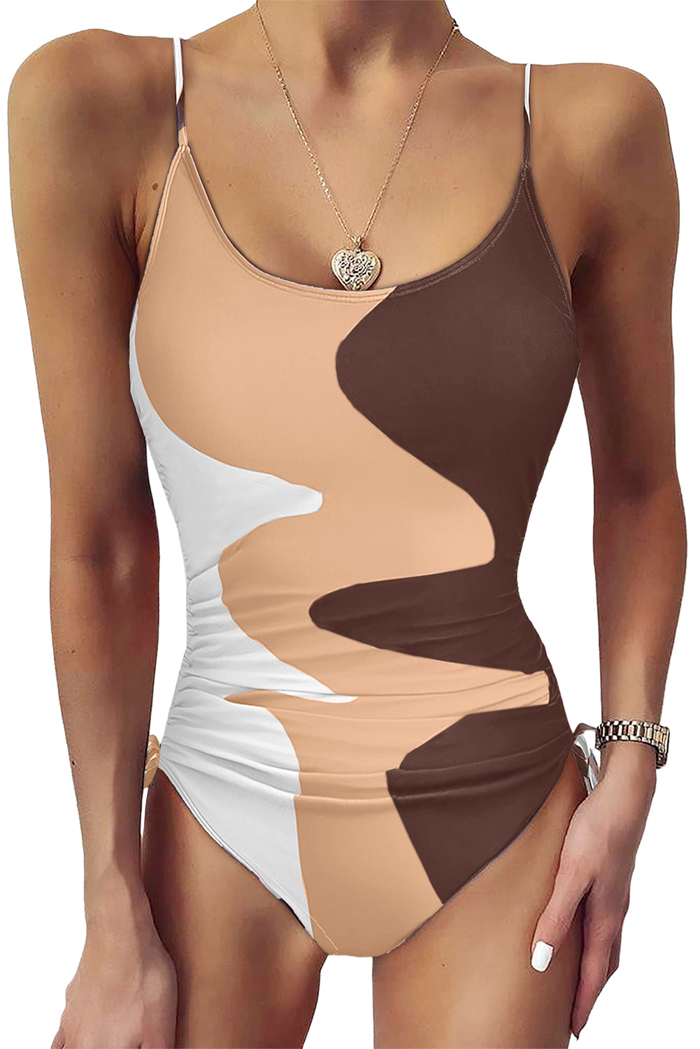 Khaki Printed Color Block Drawstring Sides One Piece Swimsuit