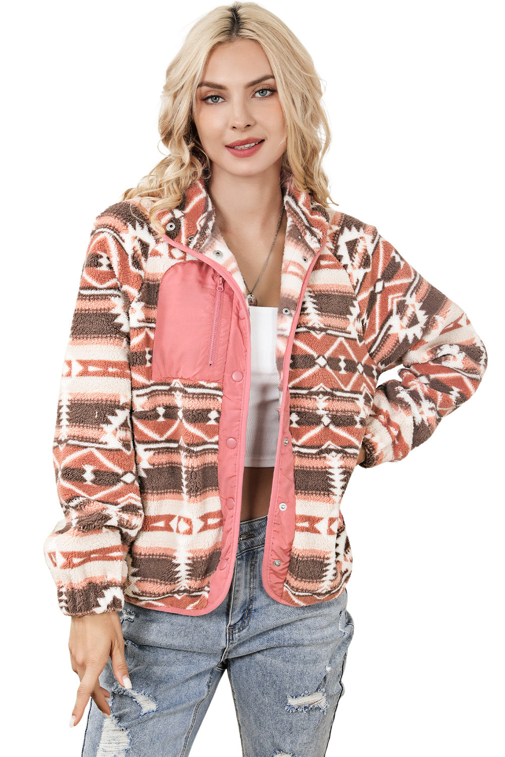 Roza Western Colorblock Sherpa jakna z gumbi