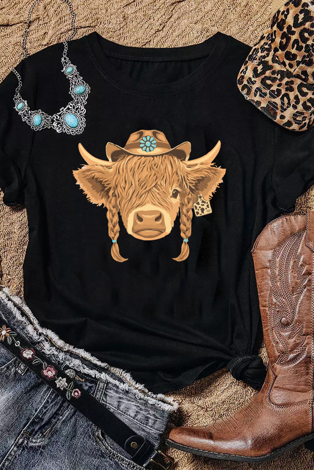 Schwarzes, modisches Baumwoll-T-Shirt mit Western-Heifer-Grafik
