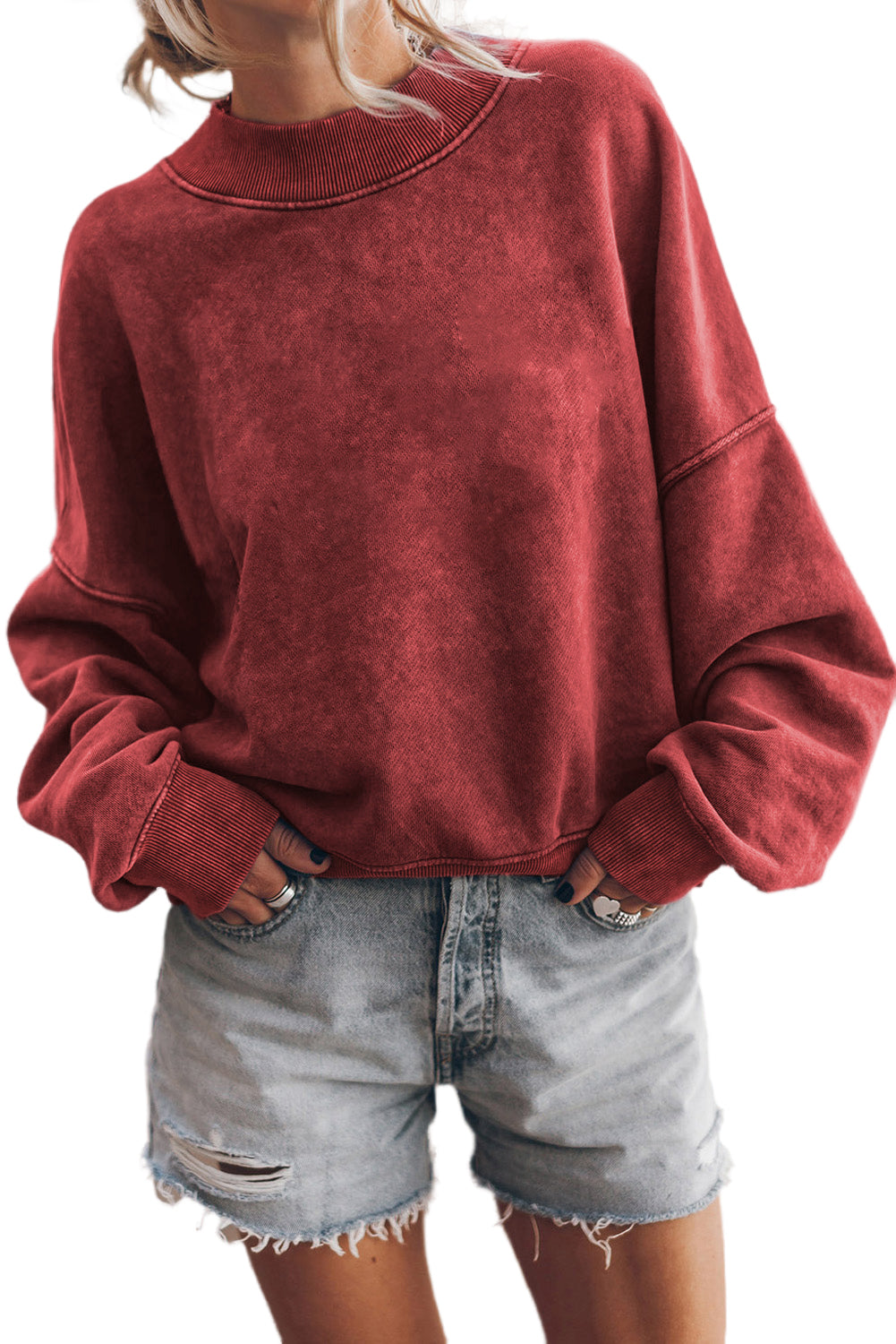 Pulover Pulover z okroglim izrezom in spuščenimi rameni rdeče barve Dahlia