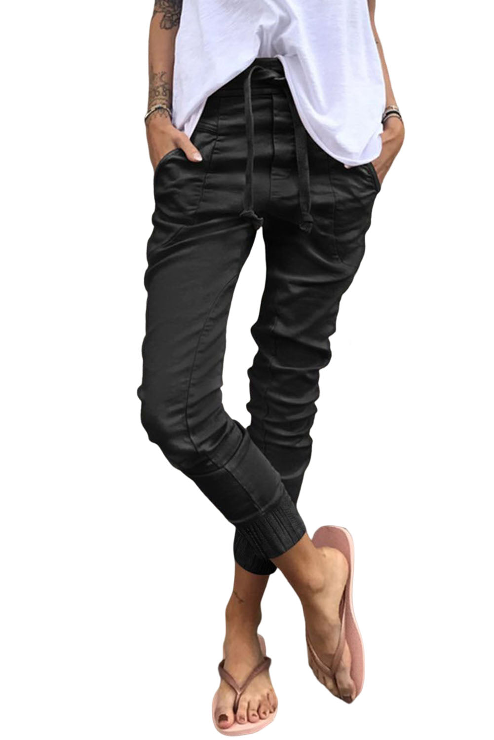 Pantalon noir taille haute avec poches et cordon de serrage