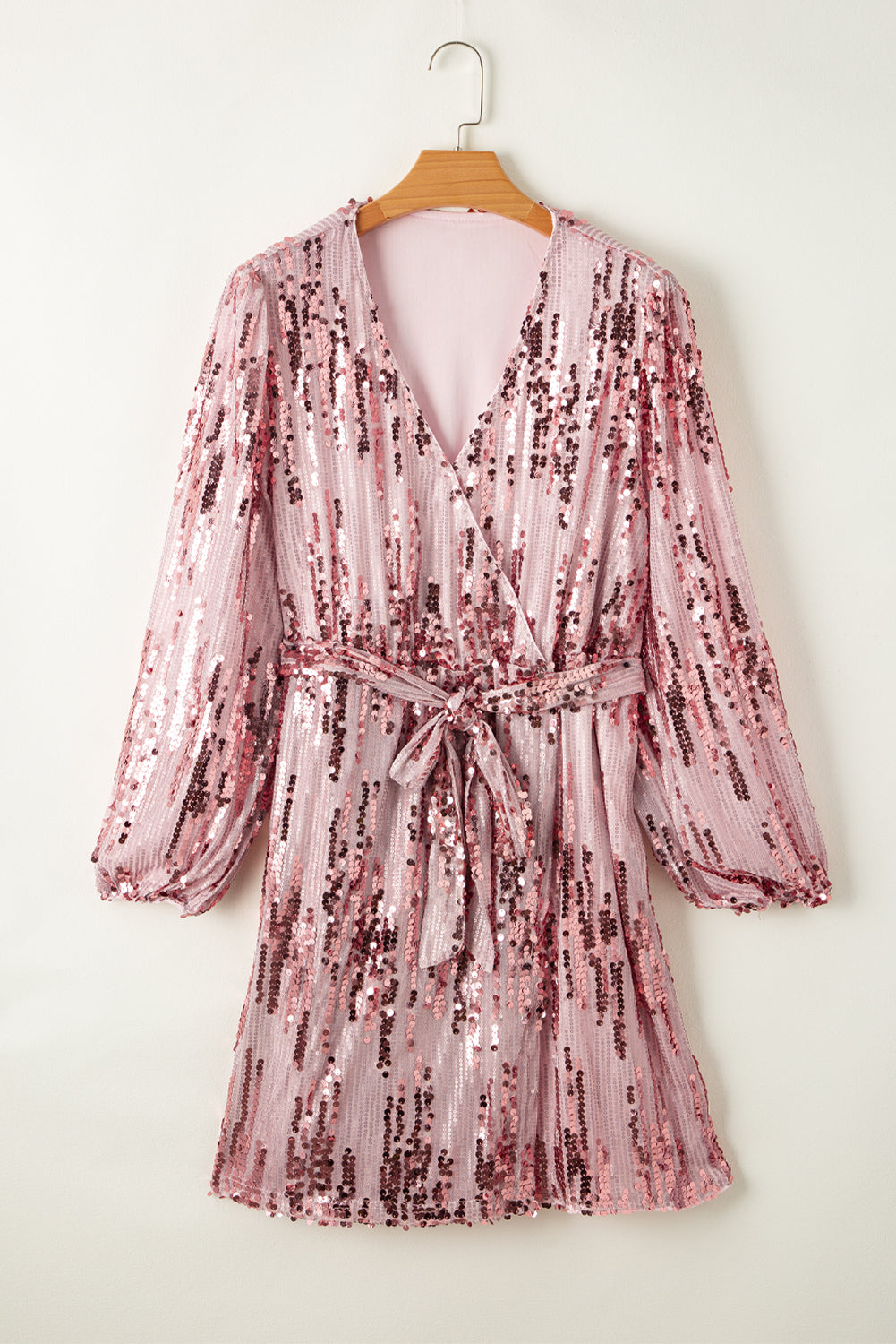 Pink Sequin Bubble Sleeves Short Wrap Dress