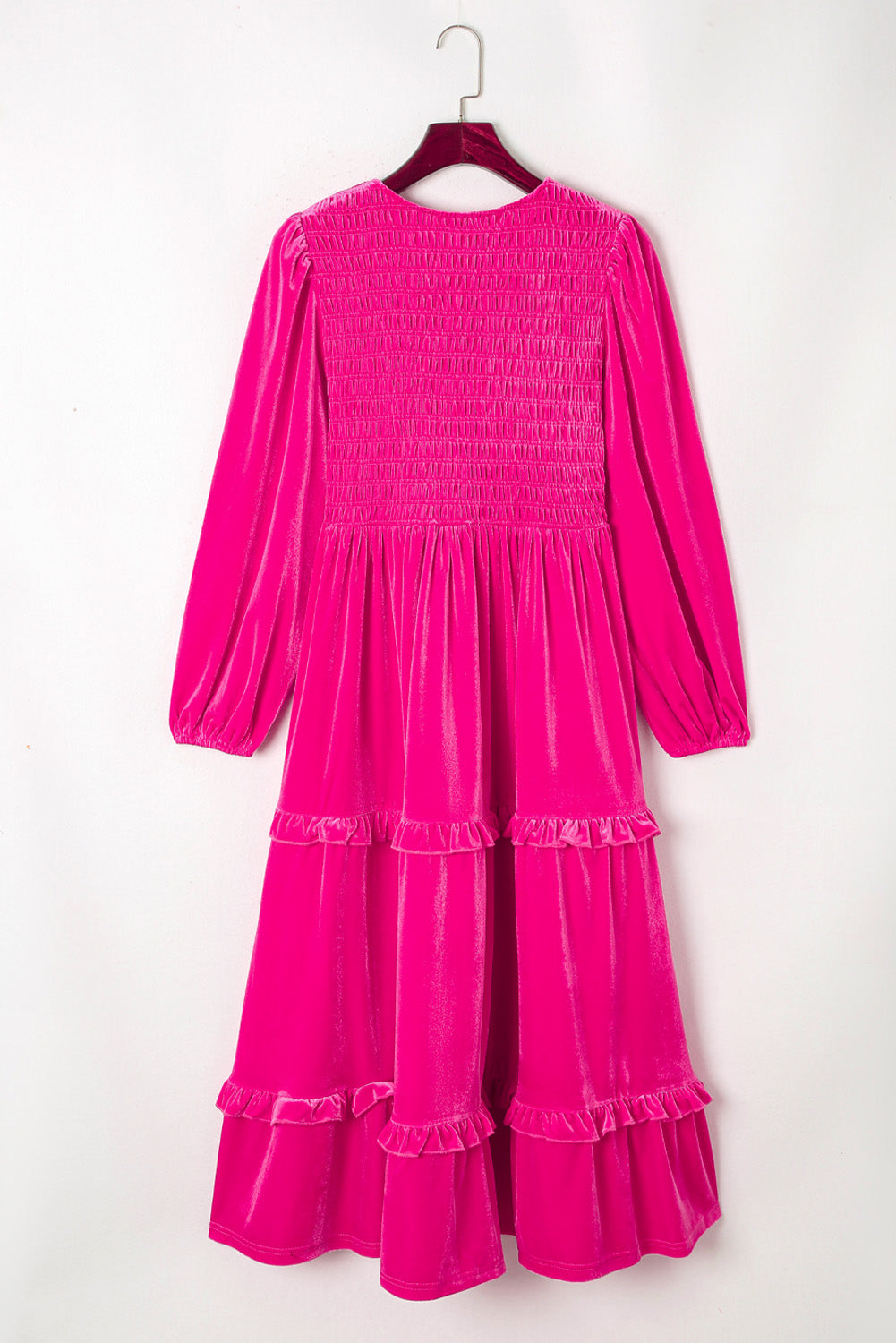 Ružičasto crvena baršunasta haljina s V izrezom i dugim rukavima