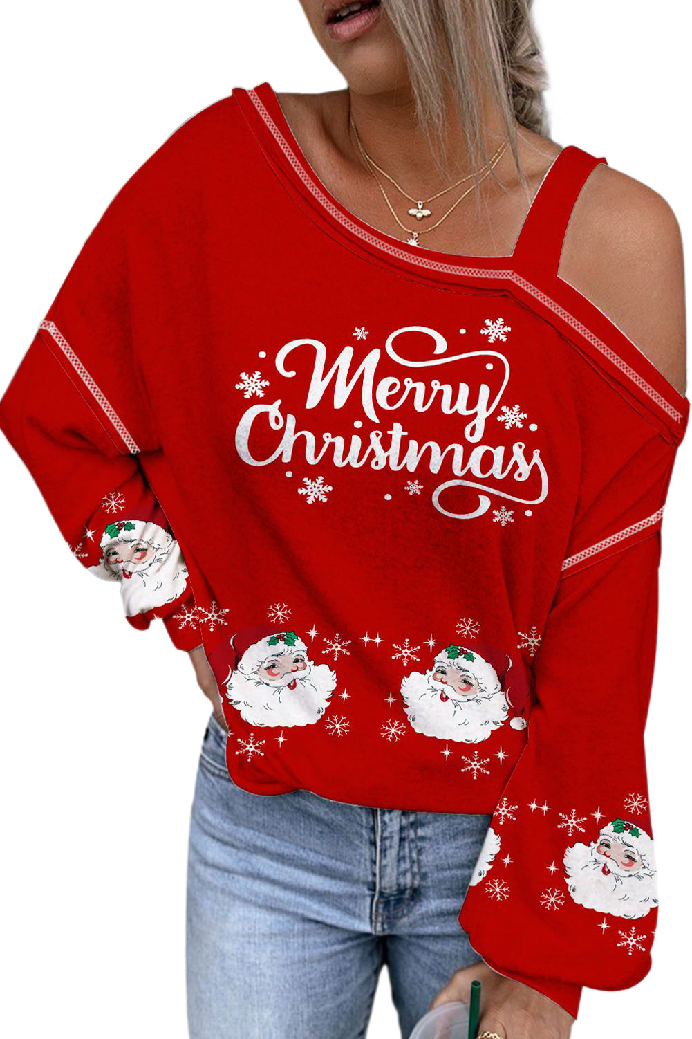 Ognjeno rdeča božična asimetrična bluza s hladnimi rameni s potiskom Božička