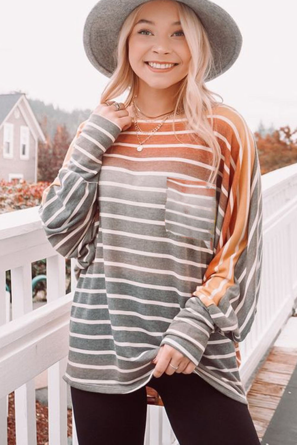 Stripe Gradient Chest Pocket Long Sleeve Top