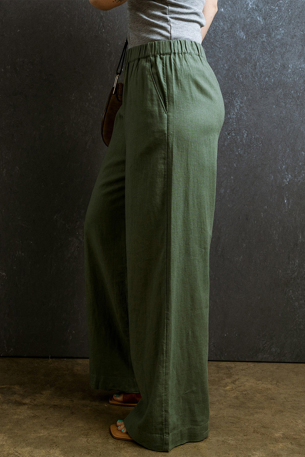 Praprotno zelene hlače z elastiko v pasu za prosti čas, široke hlače