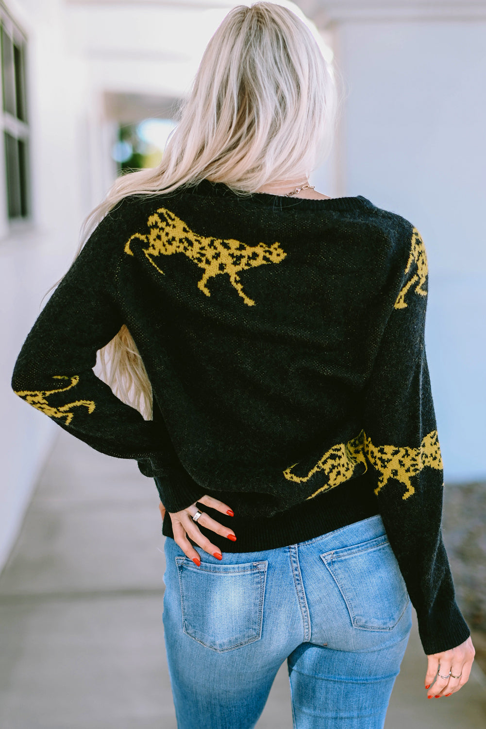 Black Cheetah Pattern Knit Round Neck Sweater