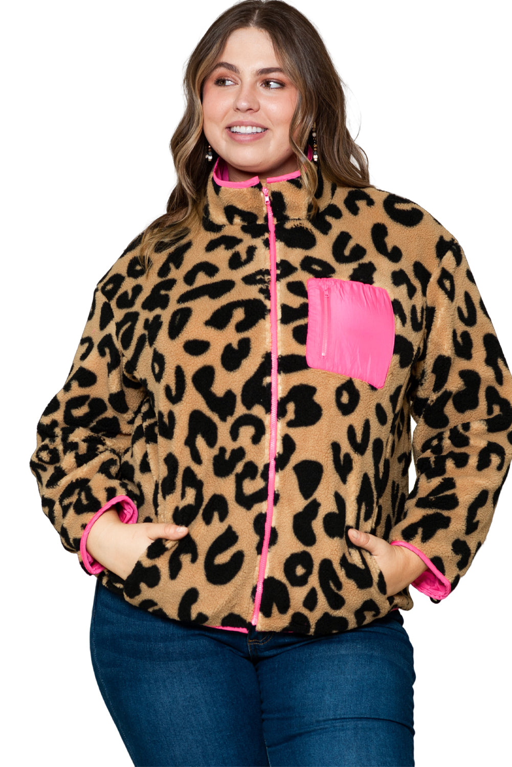 Leoparden-Sherpa-Jacke mit Farbblockierung und Brusttasche in Übergröße
