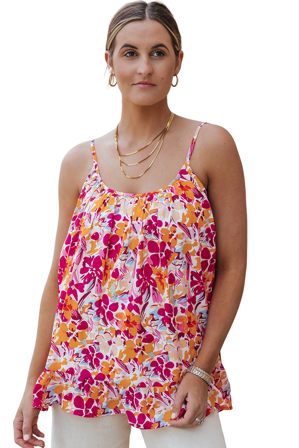 Fiery Red Floral Print Loose Fit Spaghetti Strap Tank Top