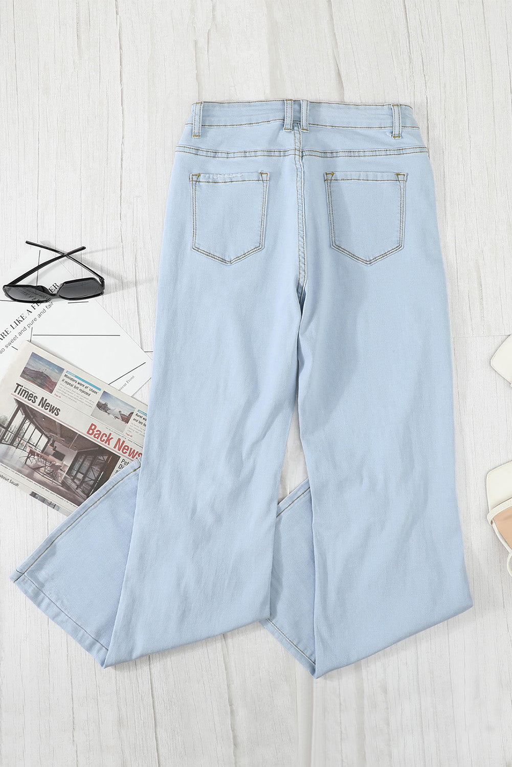 Sky Blue Washed Ripped Knee Wide Legs Jeans