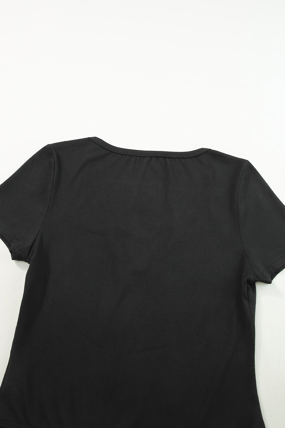 Black Solid Color Split Neck Short Sleeve Bodysuit