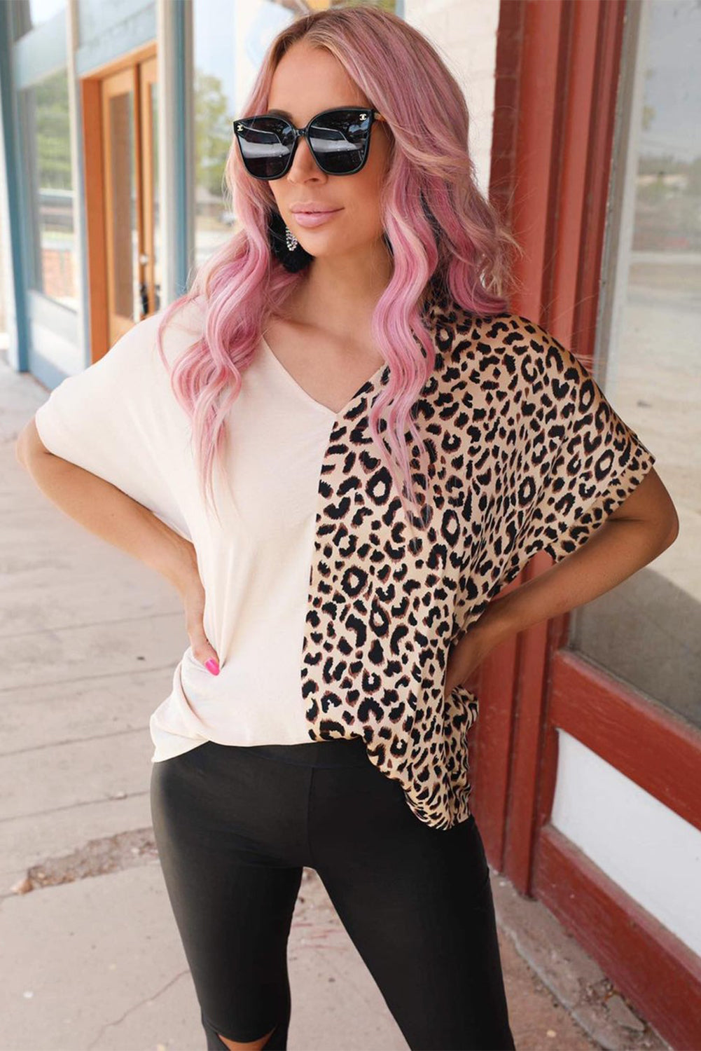 Kaki kontrastna bluza z leopardjim barvnim blokom