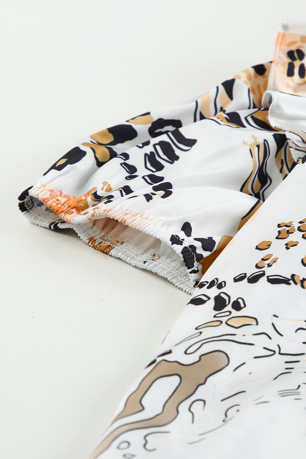 Gold Leopard Floral Print Split Neck Puff Sleeve Blouse